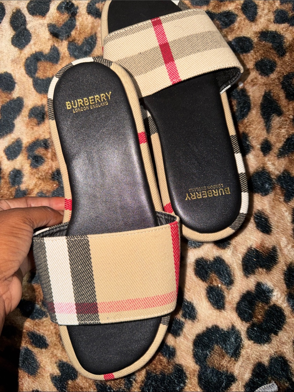 Burberry Beige Check Slide Sandals with Black Footbed and Red Stripe - Picture 2 of 3